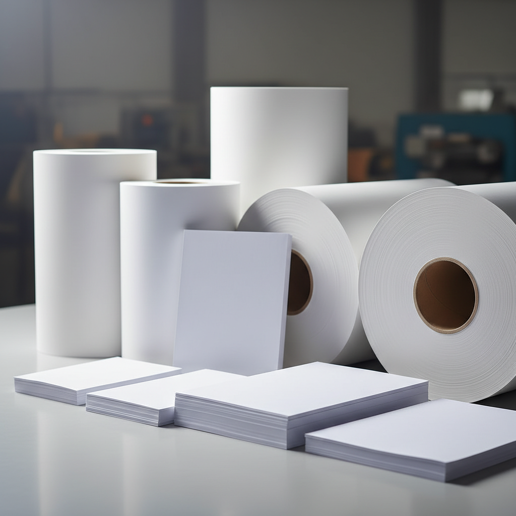 A meticulously arranged photographic still life of finished paper products produced by an industrial Senegalese plant, displayed on a smooth light-grey surface. In the foreground, uniform stacks of bright white photocopy reams and printing sheets are aligned in different formats, showing perfect corners and sharply cut edges. Behind them, large cylindrical industrial paper rolls stand upright, revealing their dense layered construction. The background is softly blurred, hinting at an industrial setting with neutral-colored walls and faint outlines of machinery. Soft studio-style lighting from the left creates gentle gradients on the white paper surfaces and subtle shadows, emphasizing purity, quality, and versatility. The composition is minimalist and balanced, ideal for a product-focused hero image conveying reliability and professional standards.