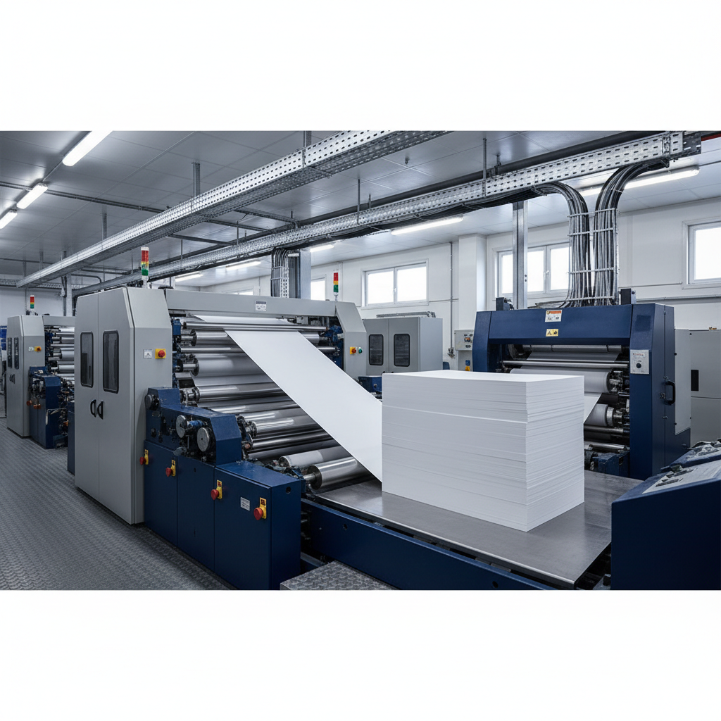 A wide, eye-level photographic panorama inside a clean printing-paper hall, where long streams of bright white paper travel over rollers into a precision cutting and stacking unit. The primary focus is on a perfectly aligned stack of freshly cut printing sheets on a metal platform, their edges forming a razor-straight geometric block. Surrounding this, robust grey and blue machinery, emergency stop buttons, and organized cable trays underscore industrial professionalism. Soft, diffused daylight filters through high side windows, supplemented by cool LED strips, creating an evenly lit, low-glare environment. The mood is calm and controlled, with sharp focus from foreground to background, conveying the factory’s capacity to produce consistent, high-volume paper for commercial printing applications.