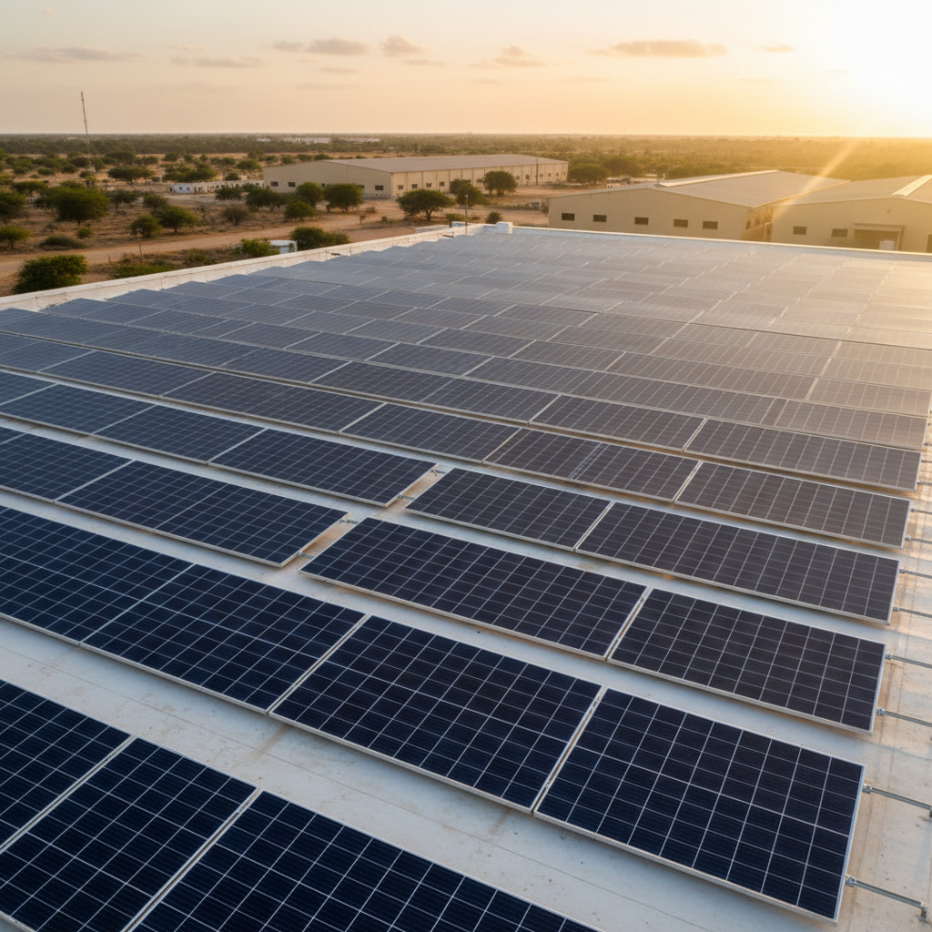A rooftop photographic view centered on an extensive field of neatly aligned solar panels installed on the flat roof of a paper manufacturing facility in Nguékhokh. The dark blue photovoltaic surfaces reflect the warm late-afternoon sun, while subtle lens flare adds energy to the scene. In the background, low industrial buildings, sandy soil, and sparse green vegetation suggest the Senegalese environment without specific landmarks. The composition uses a slightly low, tilted angle so the panels dominate the frame, receding into the distance. The light is golden and directional, casting long, soft shadows between panel rows, reinforcing the eco-responsible, autonomous energy character of the plant in a clean, modern, realistic style.