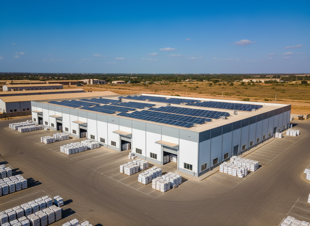 An elevated, three-quarter photographic view of the exterior of a contemporary industrial paper plant in Nguékhokh, Senegal, featuring clean white and light grey facades, large loading bays, and an expansive yard neatly organized with pallets of wrapped paper products. On the rooftop, an array of blue solar panels glistens under bright, clear midday sunlight, emphasizing renewable energy. The sky is deep blue with a few soft clouds, and low industrial buildings and distant dry vegetation hint at the local landscape. Shadows are crisp but not harsh, creating a dynamic yet orderly atmosphere. The composition uses wide-angle framing with sharp focus, presenting the facility as autonomous, eco-responsible, and robustly equipped for large-scale production.