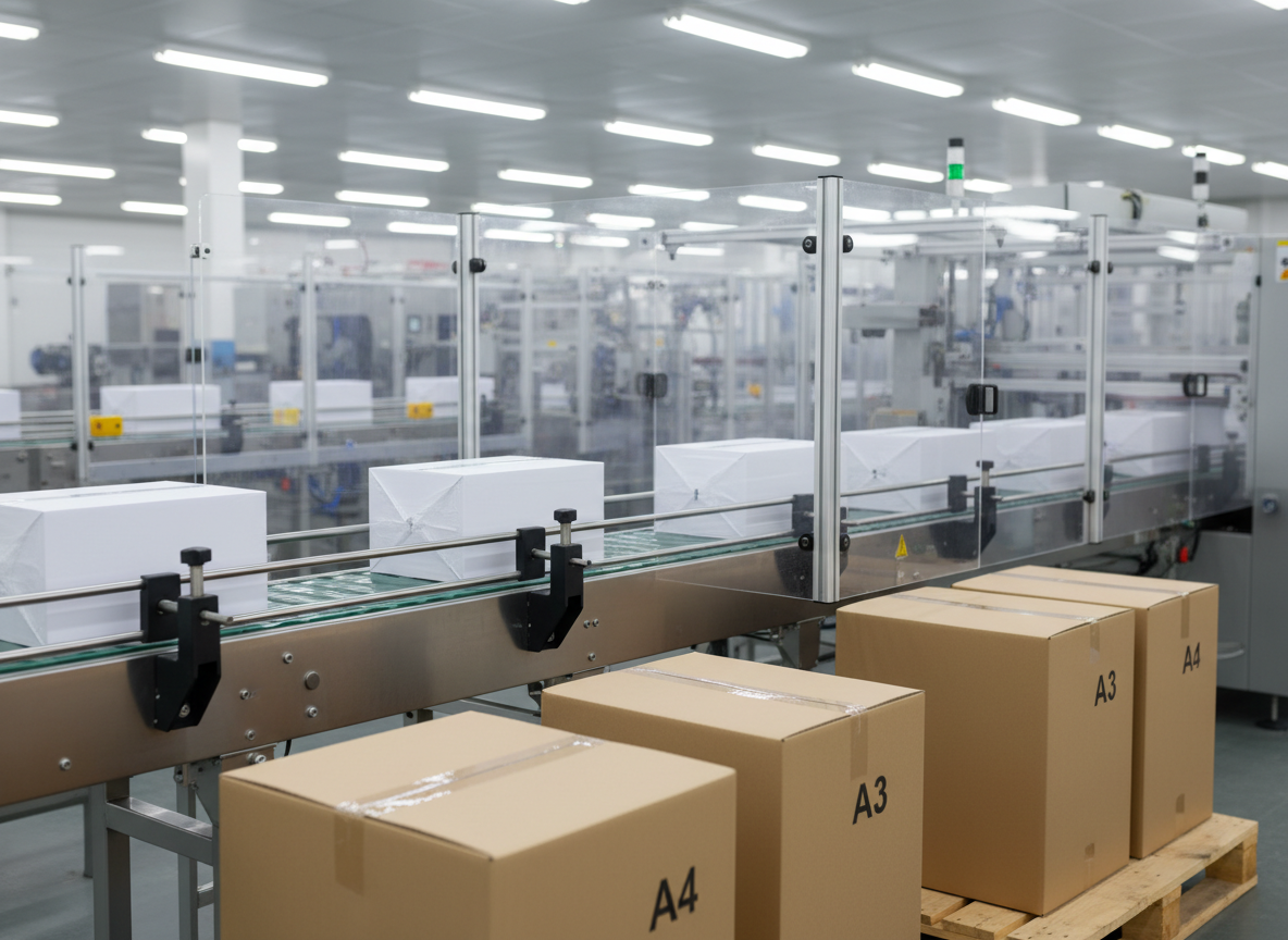 An interior photographic scene of an automated packaging line for reams of photocopy paper, showing neatly wrapped white packs emerging from a streamlined conveyor system. Transparent safety guards, stainless steel rails, and color-coded indicators create a high-tech, organized feel. In the foreground, stacked cartons of standard A4 and A3 reams sit on a wooden pallet, their surfaces smooth and unmarked, suggesting private-label readiness without visible branding or text. Bright, uniform LED lighting from the ceiling eliminates harsh shadows and highlights the flawless corners and edges of the packs. Shot from a slightly elevated angle with moderate depth of field, the composition emphasizes flow, efficiency, and readiness for shipment to businesses, administrations, and wholesalers.