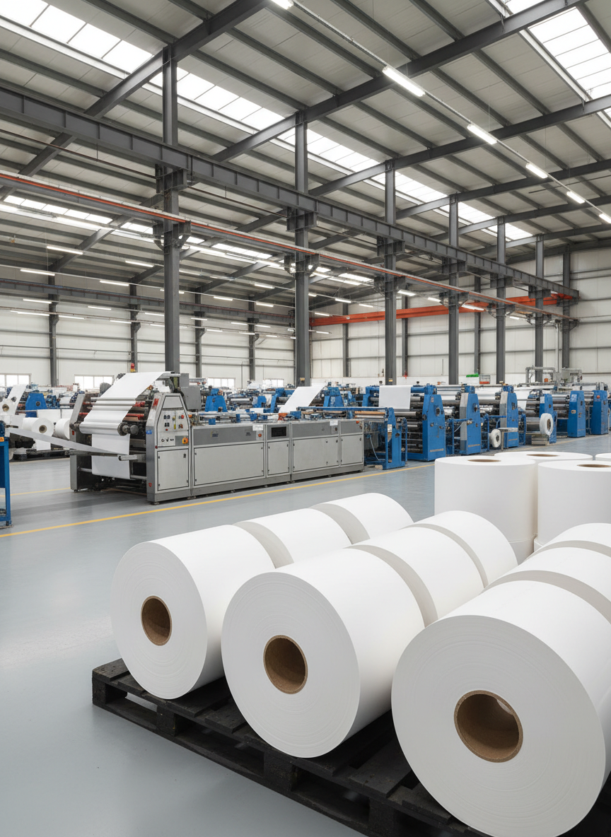 A wide, eye-level photographic view of a modern industrial paper factory floor in Nguékhokh, Senegal, filled with long, gleaming steel paper-converting machines feeding bright white paper reels. Massive rolls of photocopy paper with smooth, flawless edges are stacked on sturdy pallets in the foreground, their clean surfaces contrasting with the light grey epoxy floor. Overhead, skylights and LED fixtures bathe the scene in bright, neutral light, revealing an orderly, dust-free environment. In the distance, high warehouse walls and structural beams emphasize scale and productivity. The mood is professional, efficient, and trustworthy, with sharp focus throughout and a clean, modern aesthetic that highlights industrial performance and reliability.