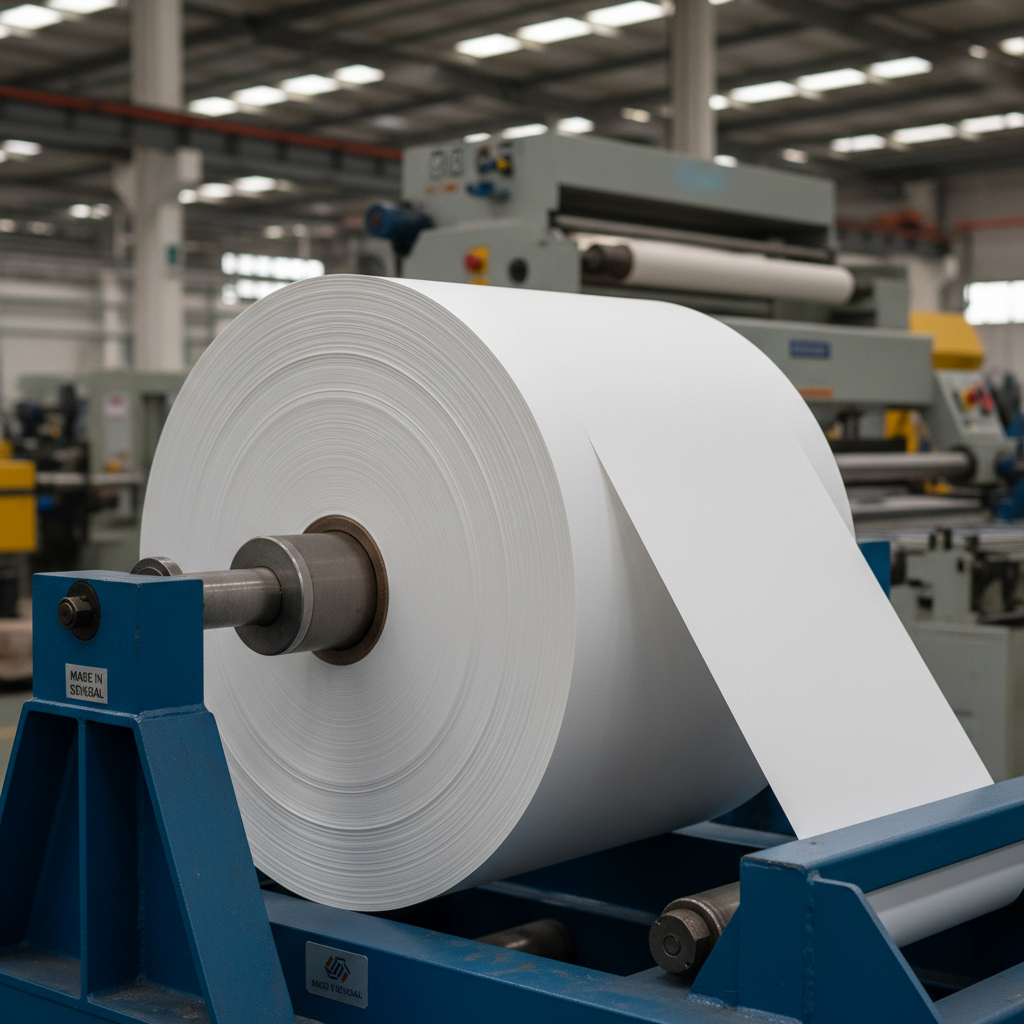 A close-up, photographic realism shot of a gigantic industrial roll of pristine white photocopy paper mounted on a blue steel unwinding stand inside a Senegalese factory. The camera is positioned at a slightly low angle, emphasizing the diameter of the roll and the perfectly even layers of tightly wound sheets. Behind it, out-of-focus paper-cutting and packaging equipment forms a subtle backdrop, painted in neutral greys and safety yellows. Cool, even LED lighting from above creates smooth highlights along the paper’s curved surface and soft shadows beneath the machinery. The composition follows the rule of thirds, with crisp details on the paper texture and edges, conveying precision, high quality, and modern manufacturing expertise.